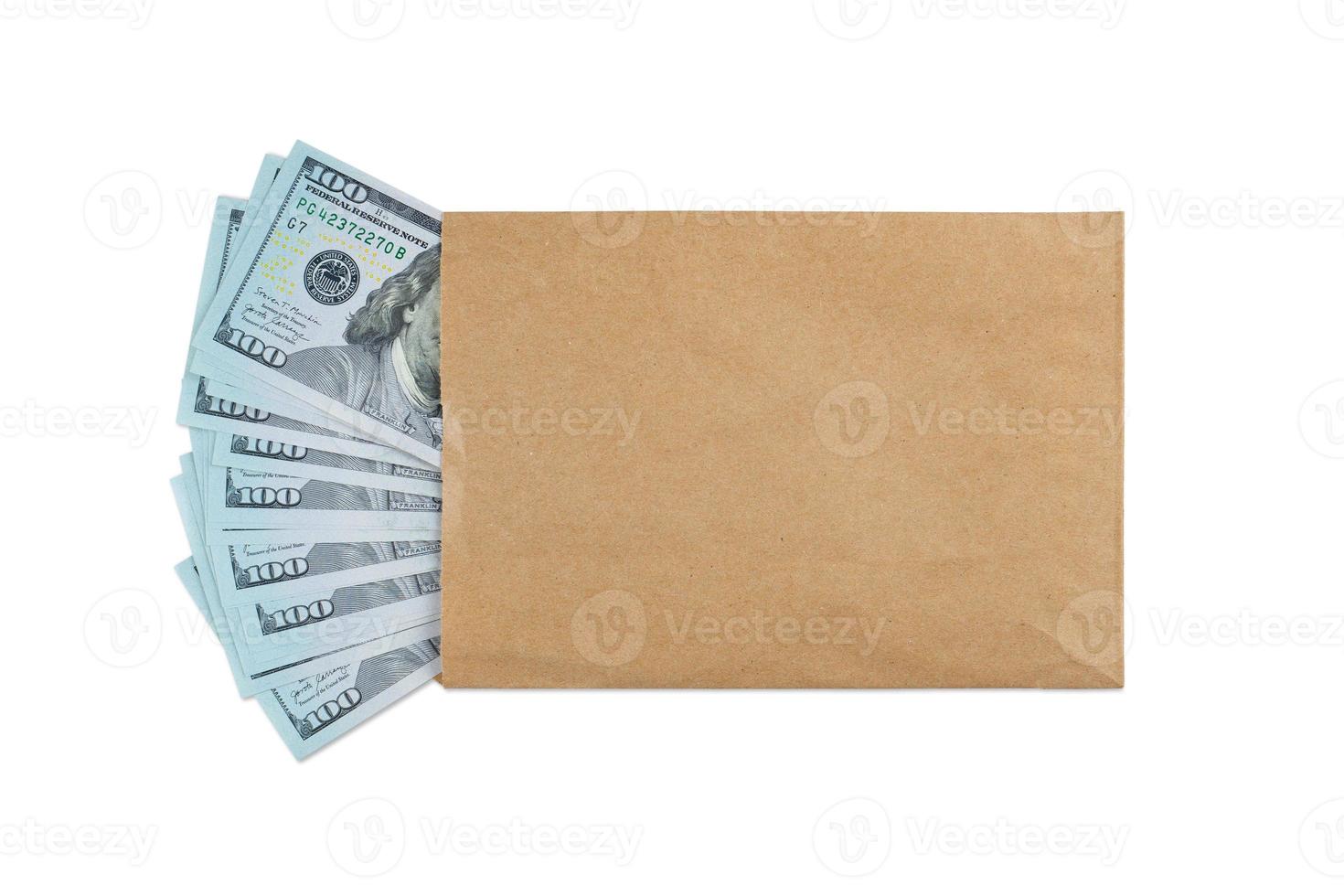 Pile of new design US dollar bills in brown envelope isolated on white background photo