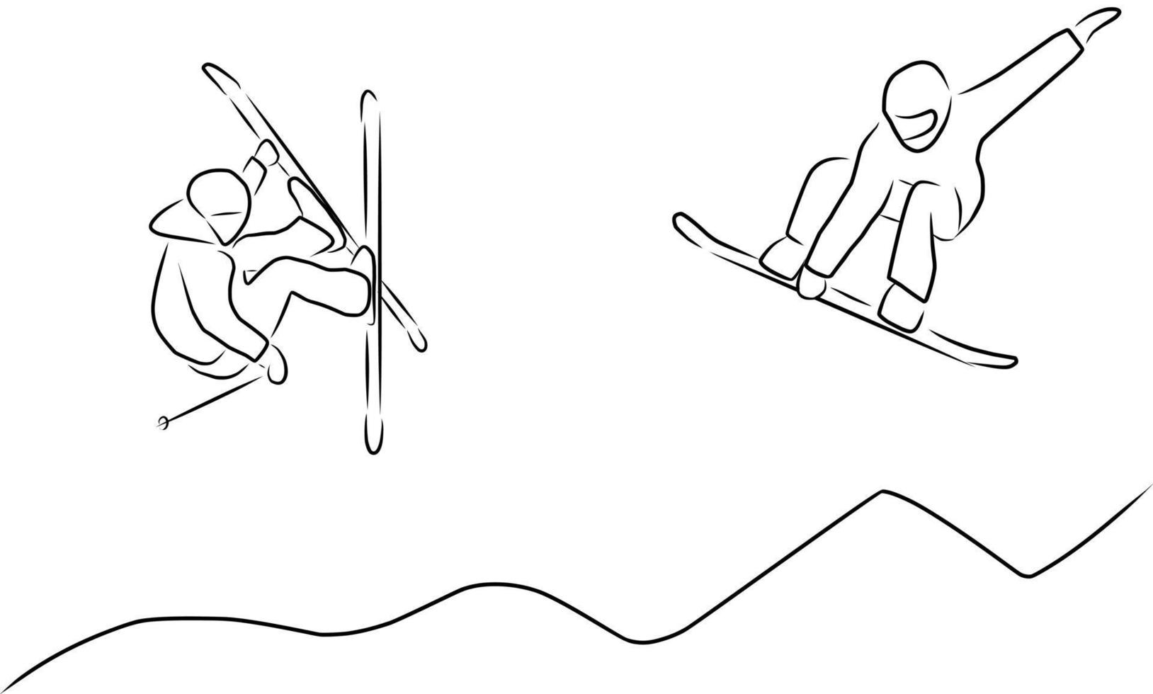 snowboarder y esquiador, boceto dibujado a mano, vector. vector