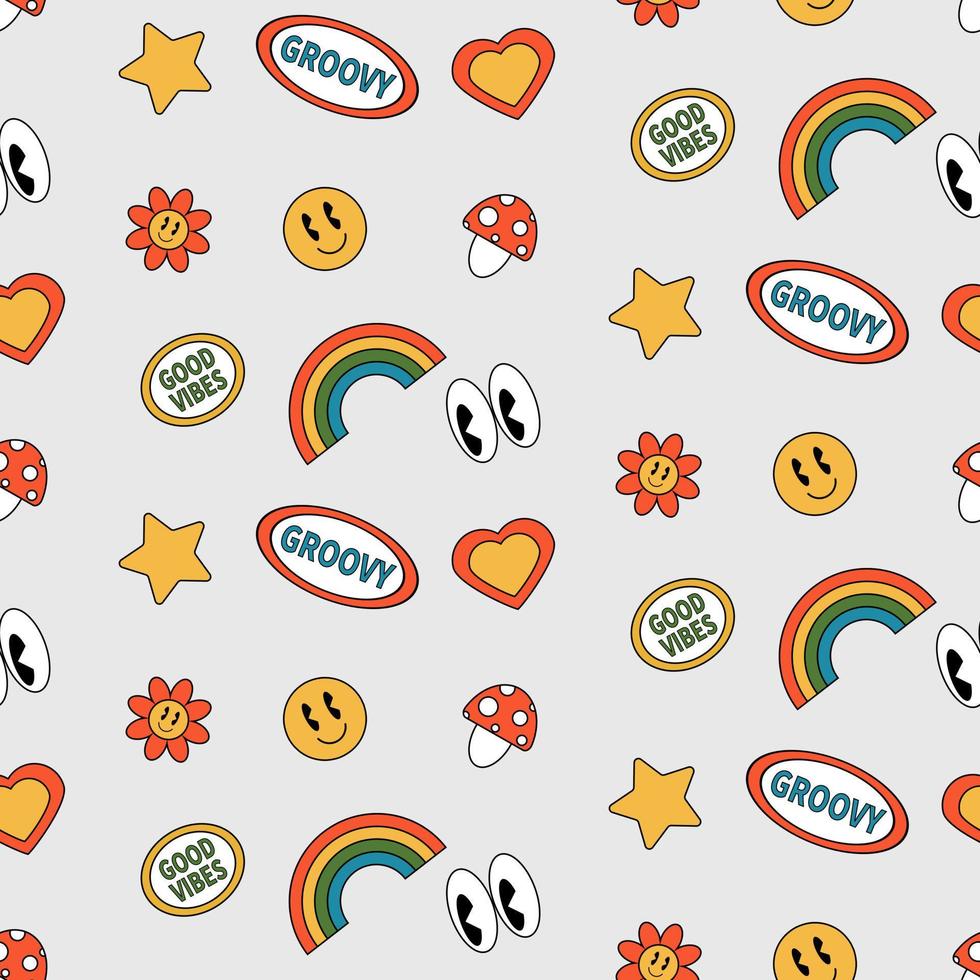 Retro 70s hippie groovy stickers, seamless pattern, vector. vector