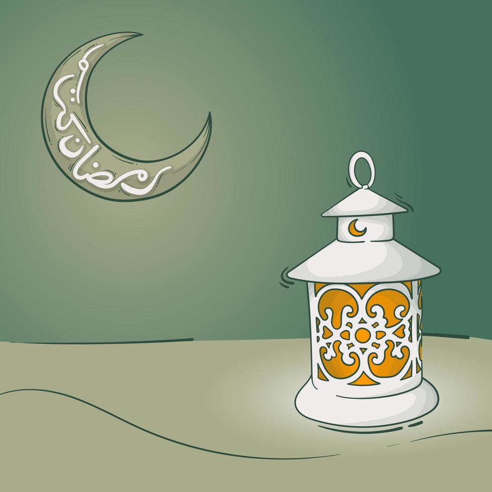 Cartoon lantern design with crescent moon in background design for ramadan kareem or eid template vector