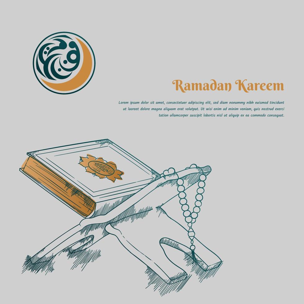 Al-qur'an and prayer beads in hand drawn design for ramadan kareem or eid mubarak template design vector