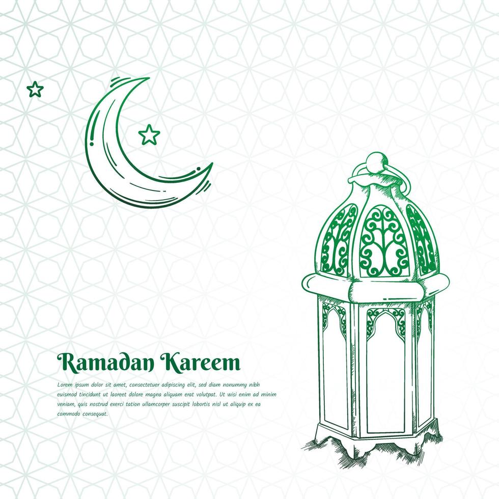 Green lantern in hand drawn design with crescent moon and transparent pattern background for ramadan vector