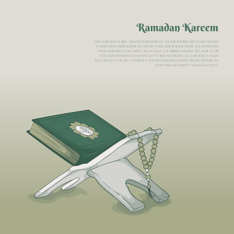 Ramadan kareem or eid template with Al-qur'an and prayer beads on folding table in cartoon design vector