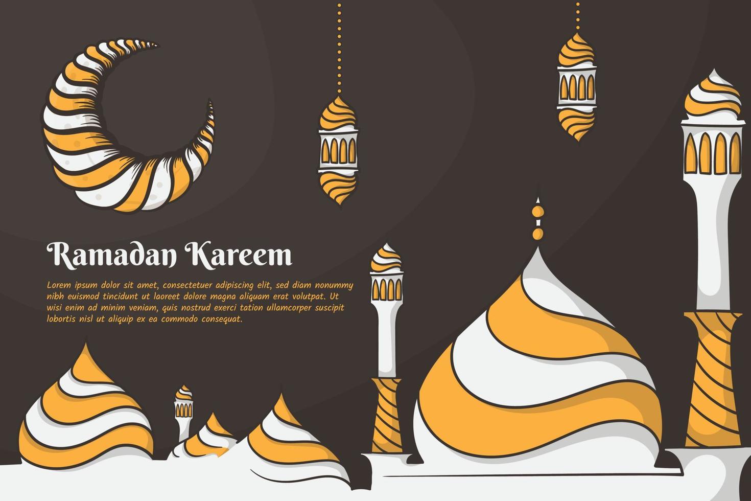 mezquita y luna creciente en diseño dibujado a mano de dibujos animados para la plantilla de ramadan kareem vector