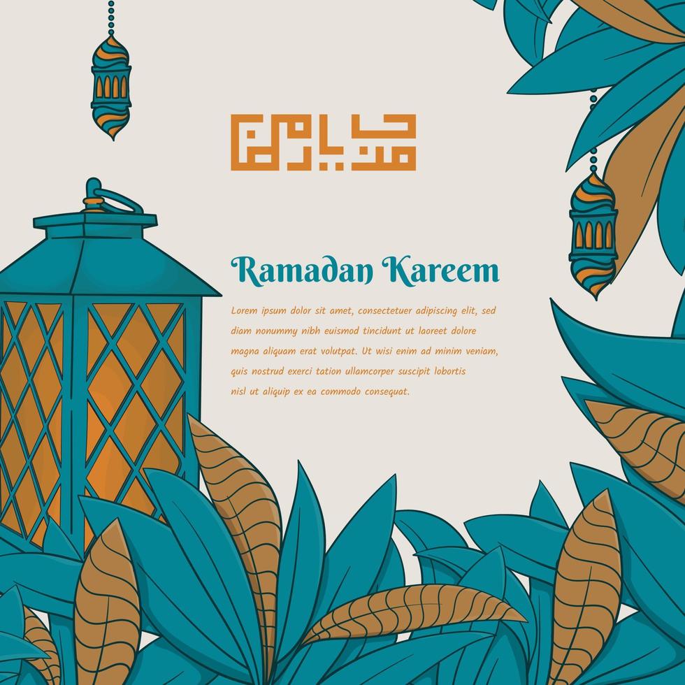 ramadan kareem template design with leaf and lantern in hand drawn design and arabic mean is welcome ramadan vector