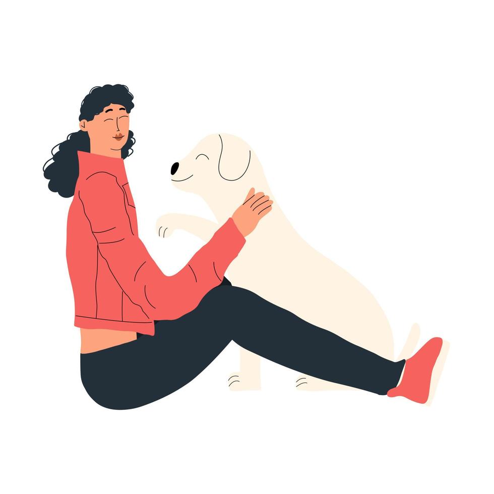 Girl and dog. The concept of emotional support animals. Friendship between a doggy and a human. Vector illustration hand drawn in style