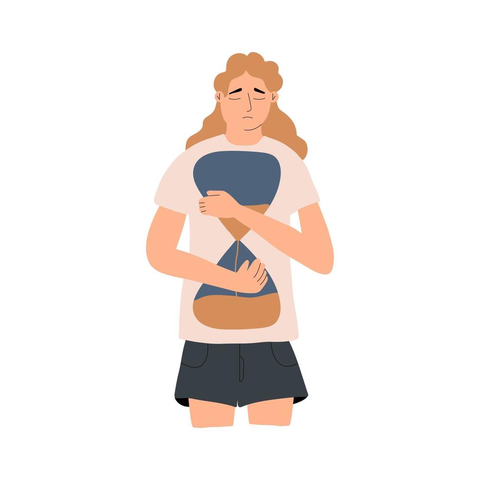 The girl hugs the hourglass. Concept of insomnia. Vector illustration in flat style