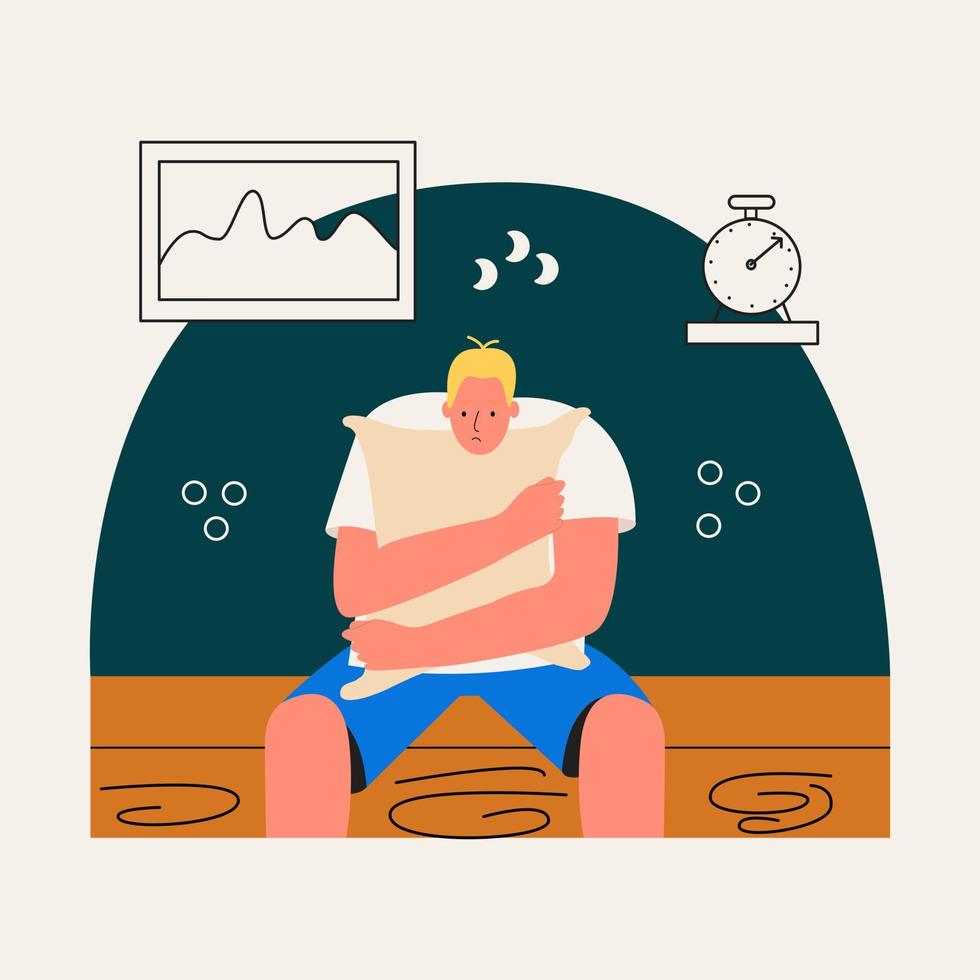 The man suffers from insomnia, anxiety, lack of sleep. A young guy hugs a pad and cannot fall asleep. Vector illustration in flat style