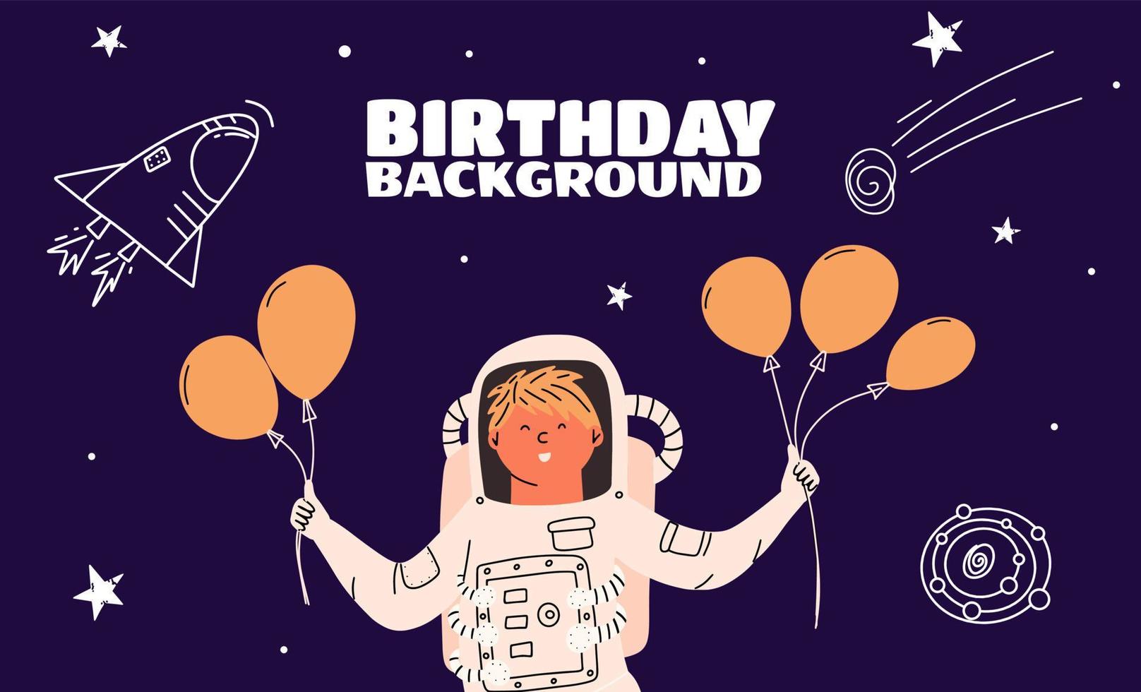 Space background for a birthday with a child astronaut who holds balloons in his hands. Vector illustration