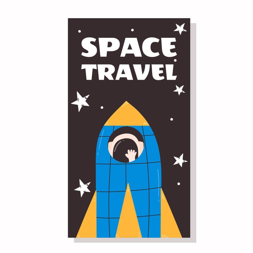 Space flyer with rocket and astronaut in cartoon style. Vector illustration