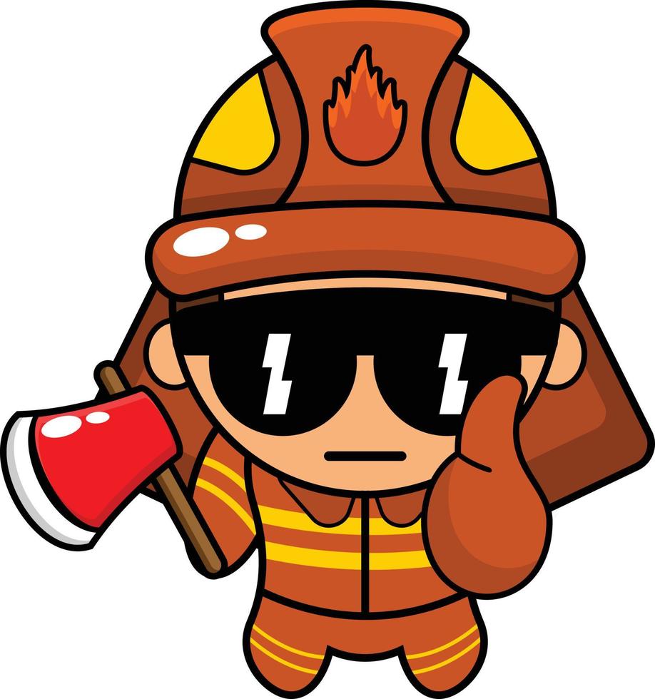 cartoon illustration of a cool firefighter mascot character with an ax with glasses and thumb vector