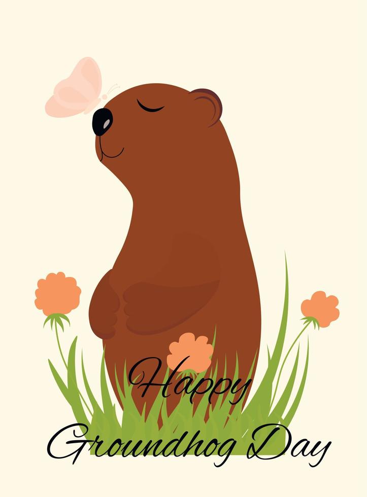 Happy Groundhog Day. Vector stock illustration. card with cute cheerful marmot.