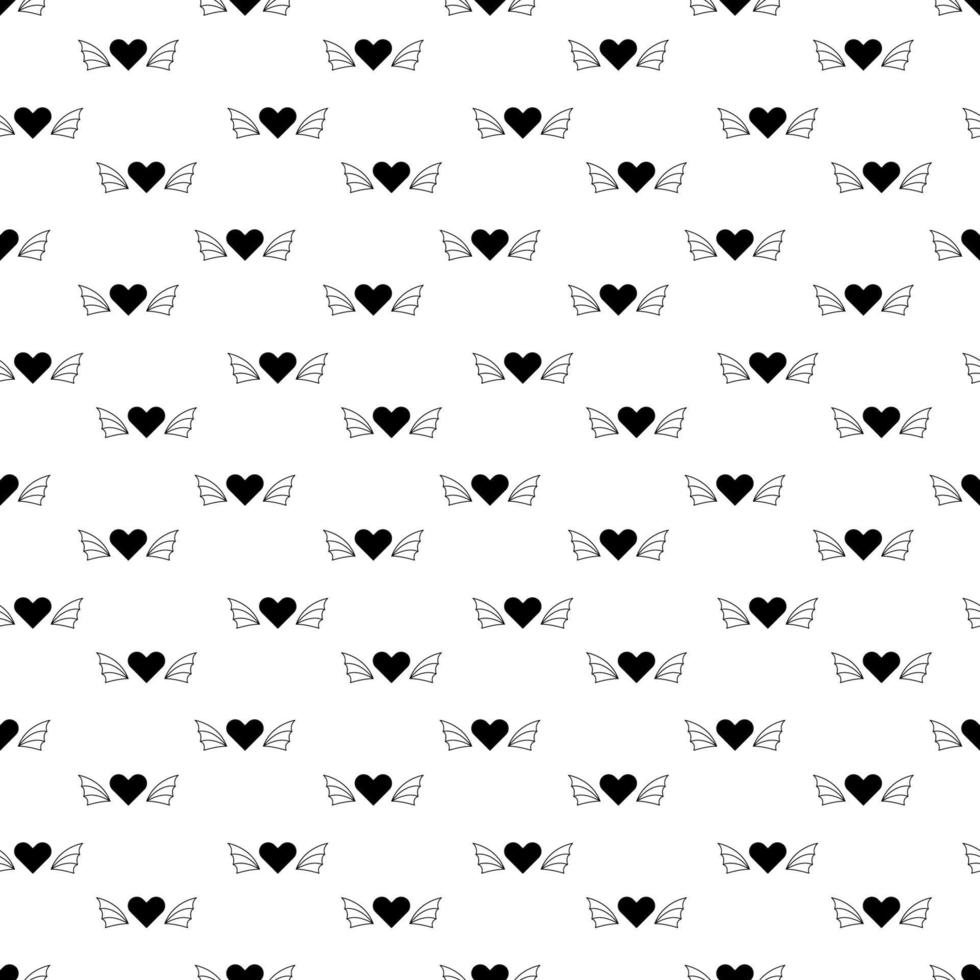 Tattoo heart with wings pattern in the style of the 90s, 2000s. Black and white seamless pattern illustration. vector