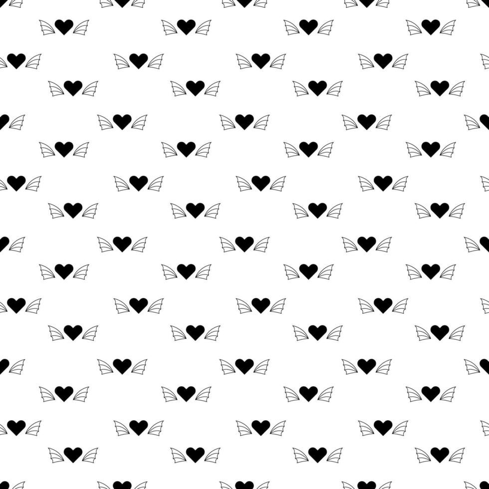 Tattoo heart with wings pattern in the style of the 90s, 2000s. Black and white seamless pattern illustration. vector