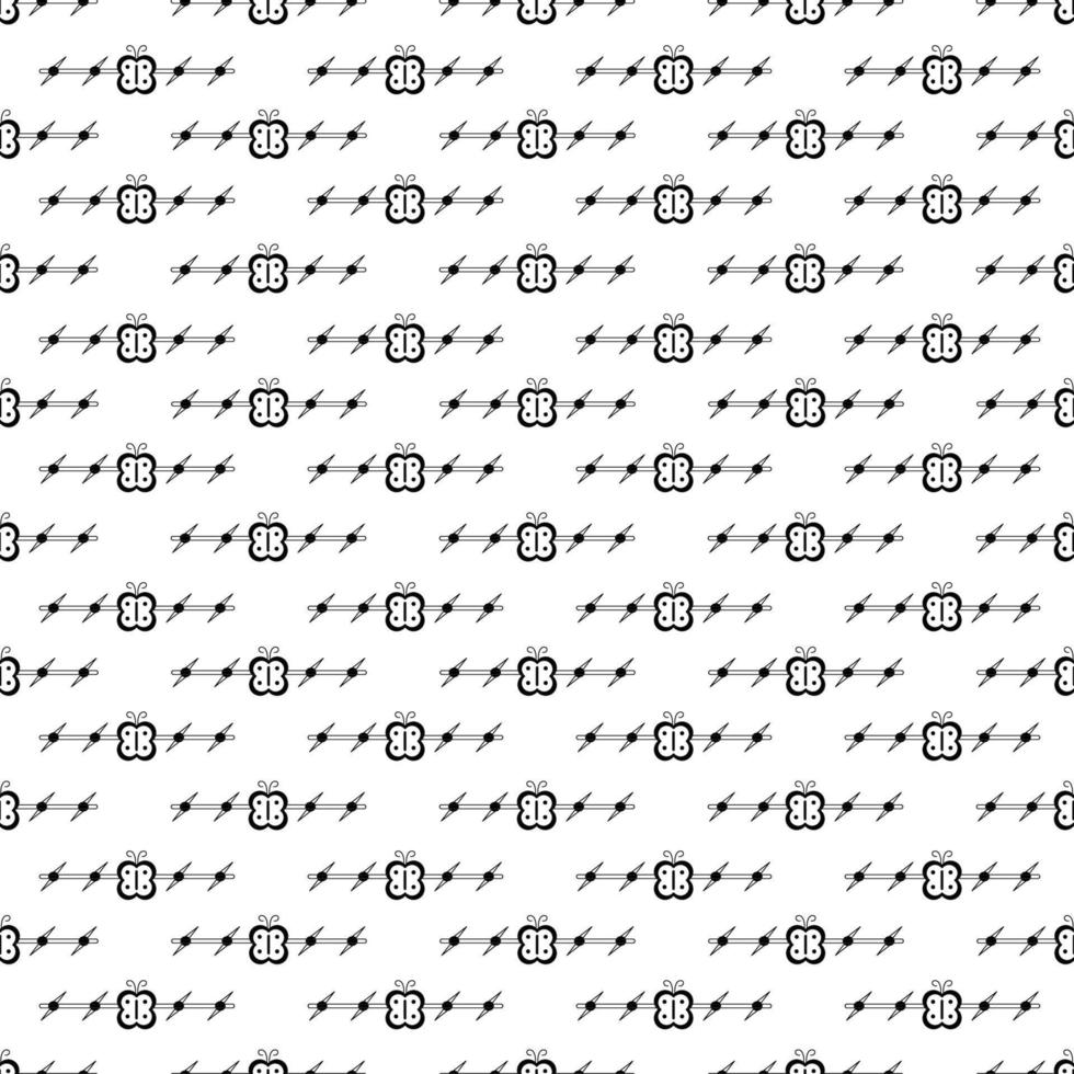 Tattoo barbed wire with a butterfly pattern in the style of the 90s, 2000s. Black and white seamless pattern illustration. vector