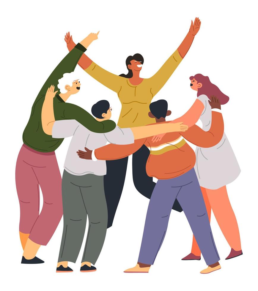 People celebrating and cuddling, happy characters vector