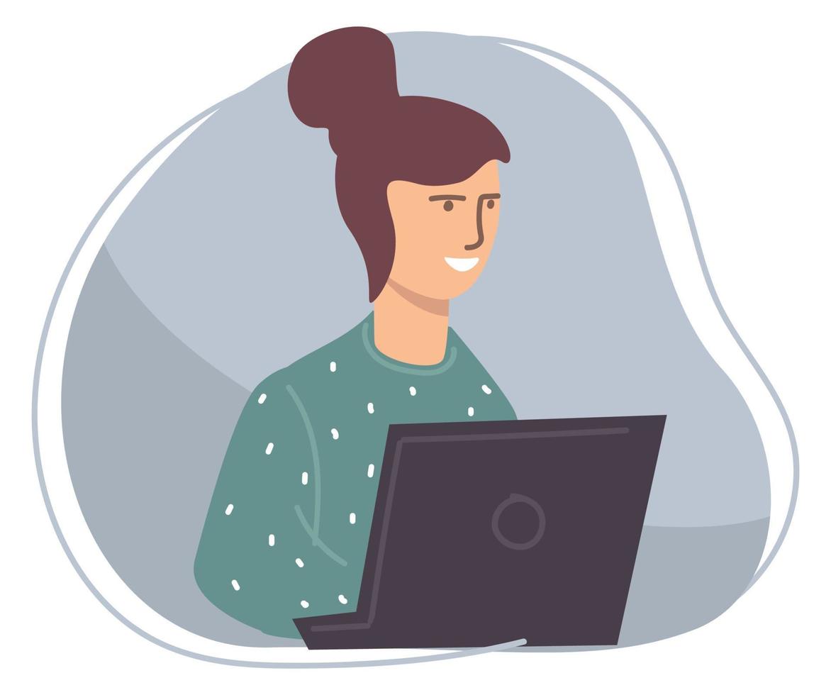 Woman sitting by laptop, worker or student vector