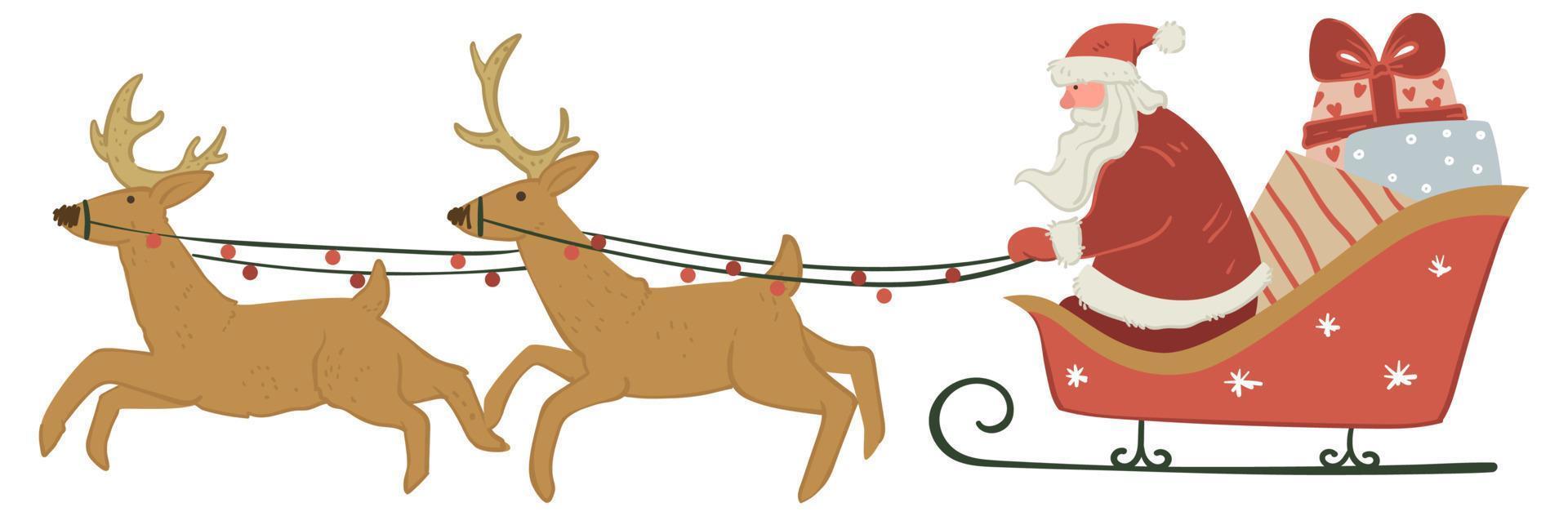 Santa Claus in sleigh with reindeers and presents vector