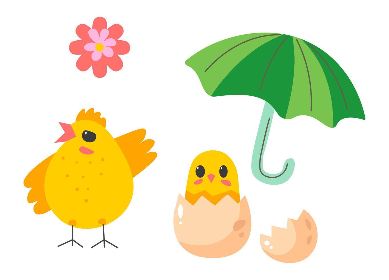 gallina y pollo en cáscara de huevo, paraguas y flor vector