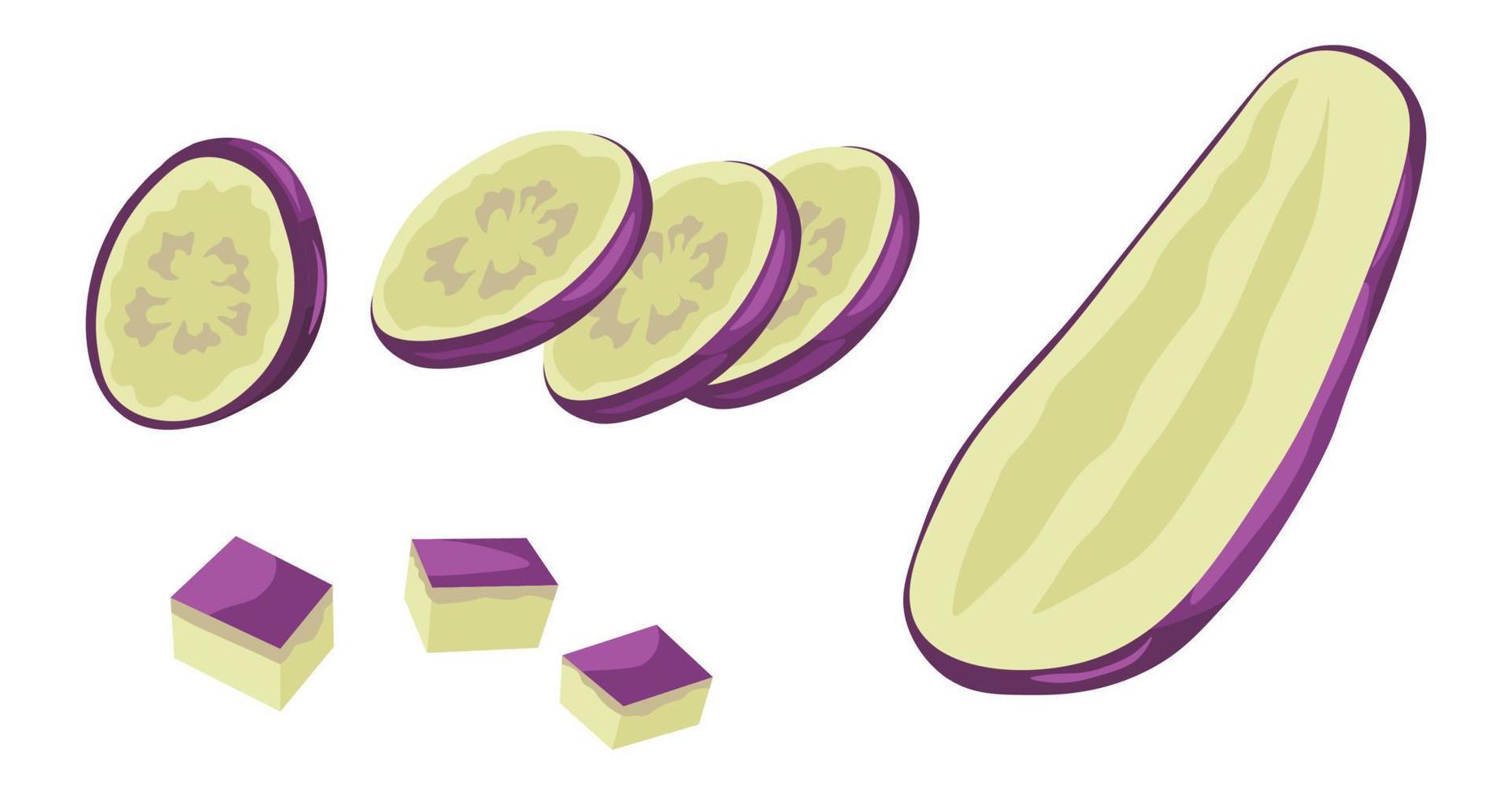 Eggplant sliced, chopped cut aubergine vegetable vector