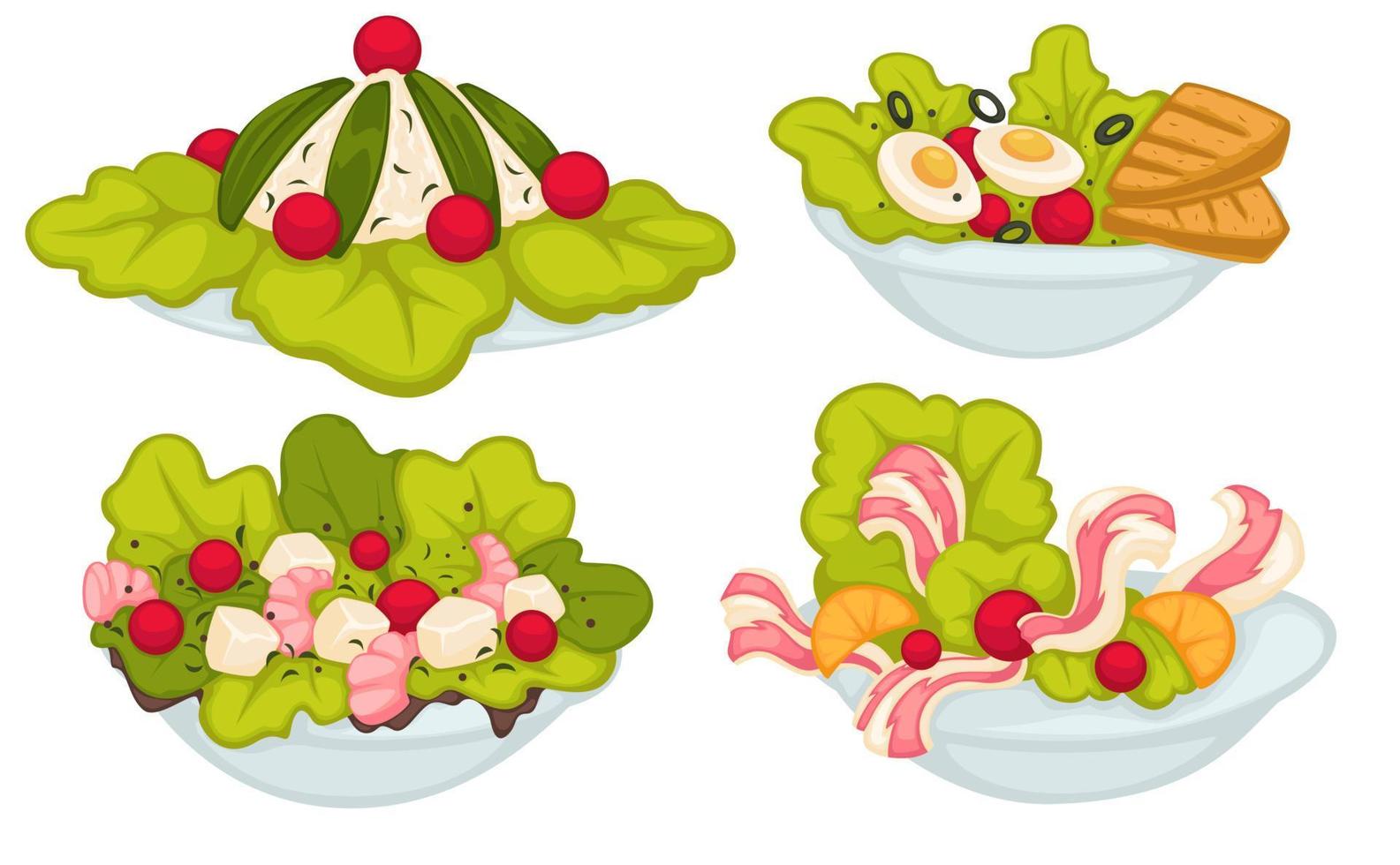 Salads variety, seafood and vegetarian dishes vector