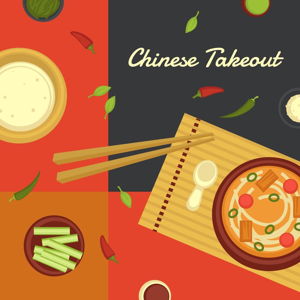 Chinese takeout food, bowl with noodles veggies vector