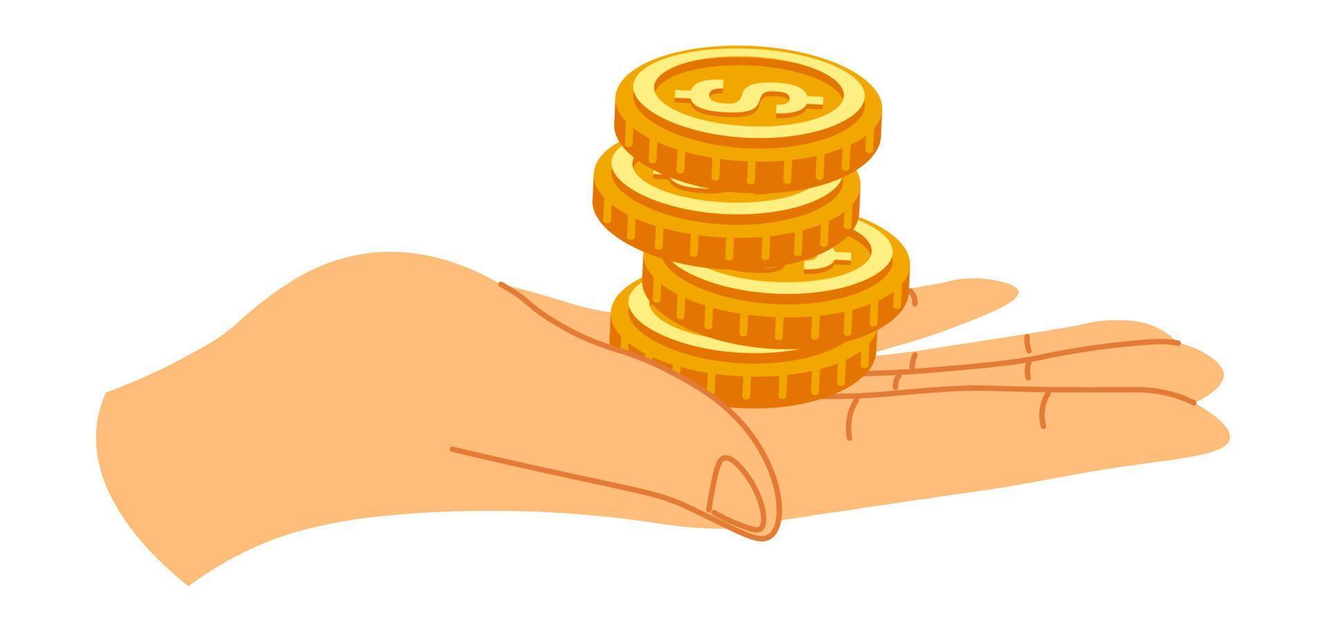 Hand with dollar coins, cash financing and banking vector