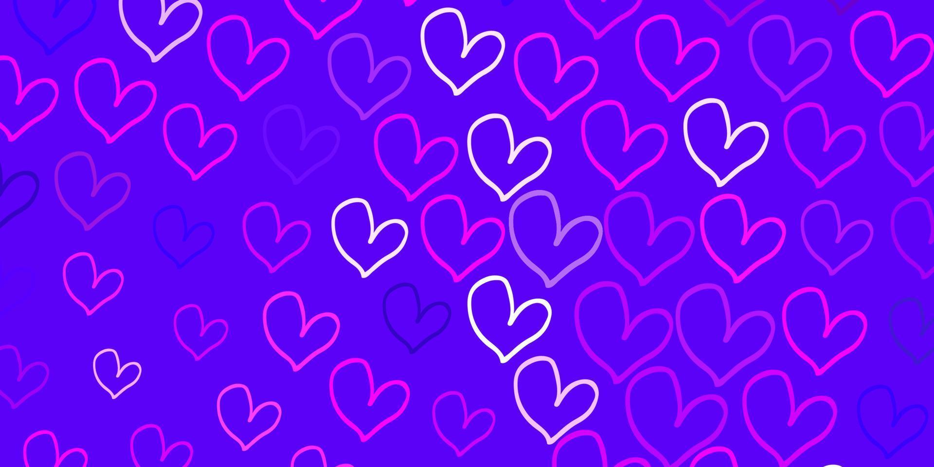 Fondo de vector violeta, rosa claro con corazones brillantes.