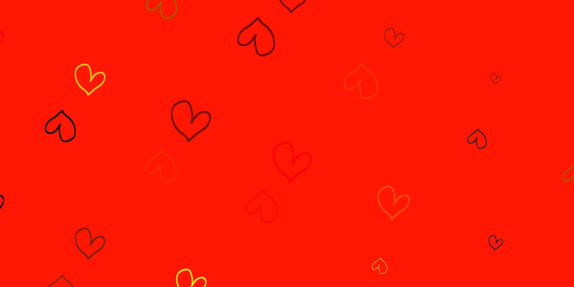 plantilla de vector rojo, amarillo claro con corazones de doodle.