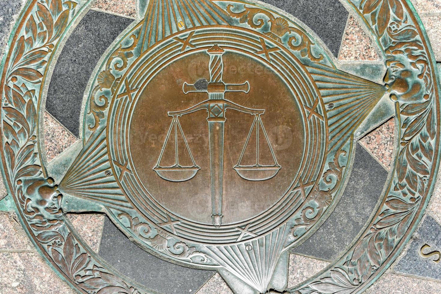 Scales of justice by the Superior Court building in Providence Rhode Island photo