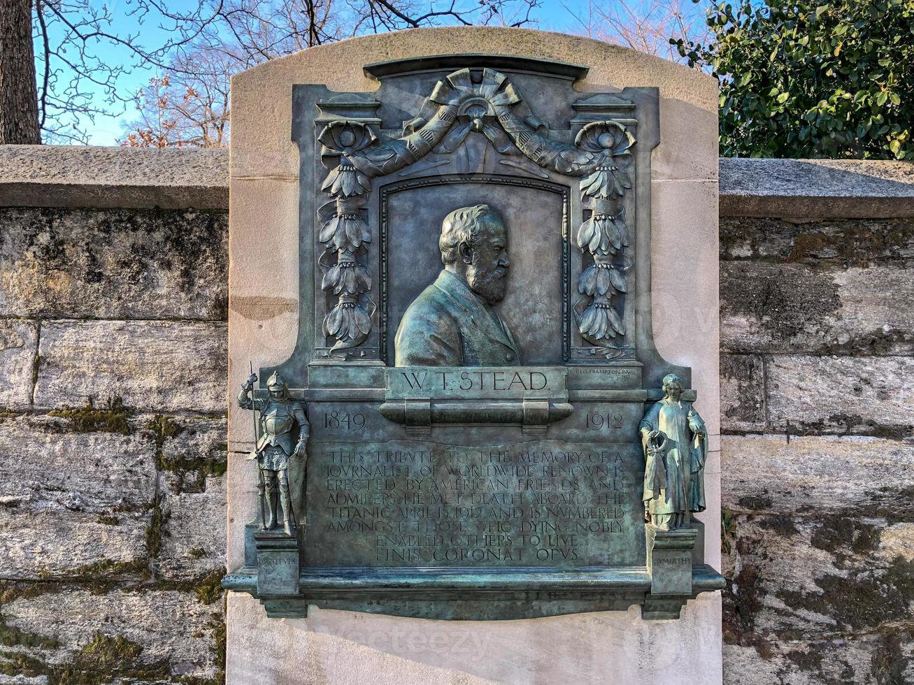 Bronze bas-relief remembers British journalist William T. Stead, who perished along with over 1,500 others when the RMS Titanic sank on April 15, 1912. Located on 91st St, Central Park, New York City. photo