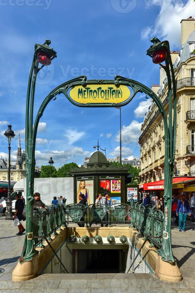 Paris France  May 15 2017   Famous Art Nouveau sign for the Metropolitain underground system photo