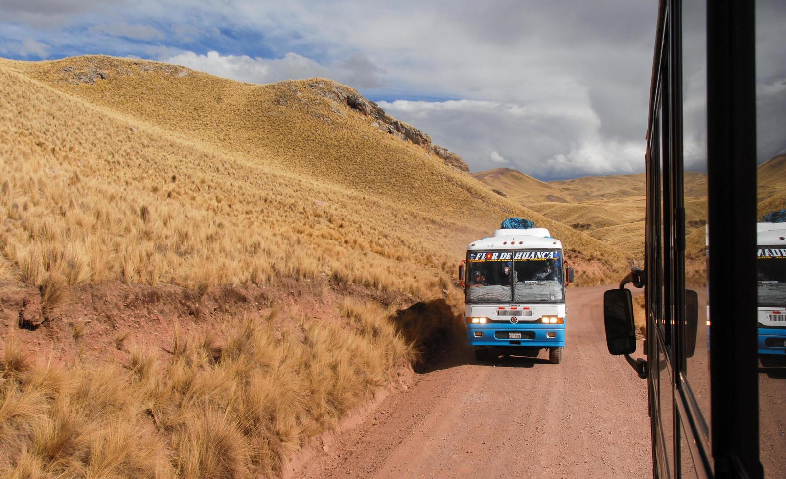 Tour bus along the Cusco-Puno Road, Peru photo