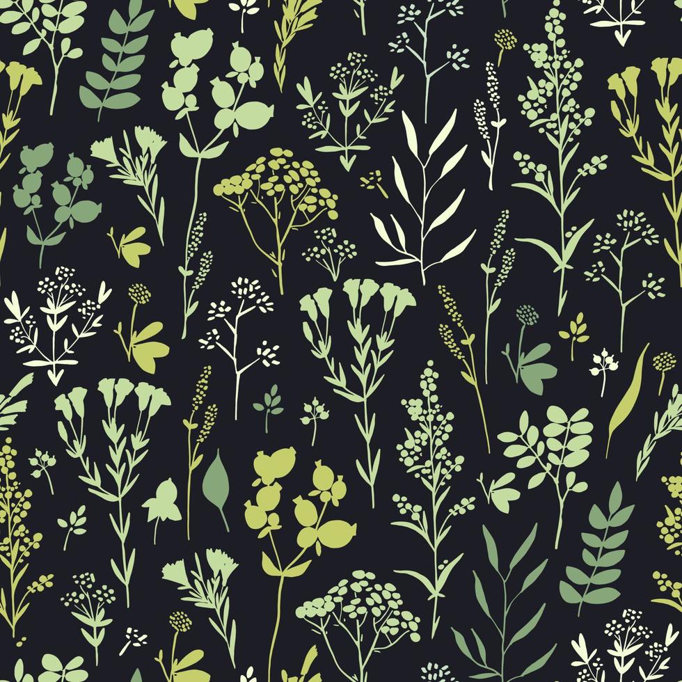 Green floral spring pattern with herbs vector
