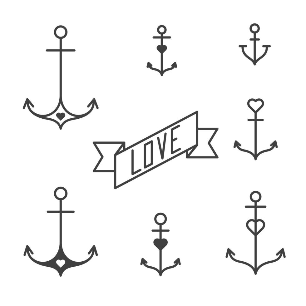 Anchors with hearts icon set vector