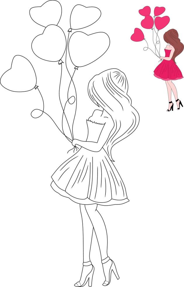 vector image of woman holding balloon, for coloring book