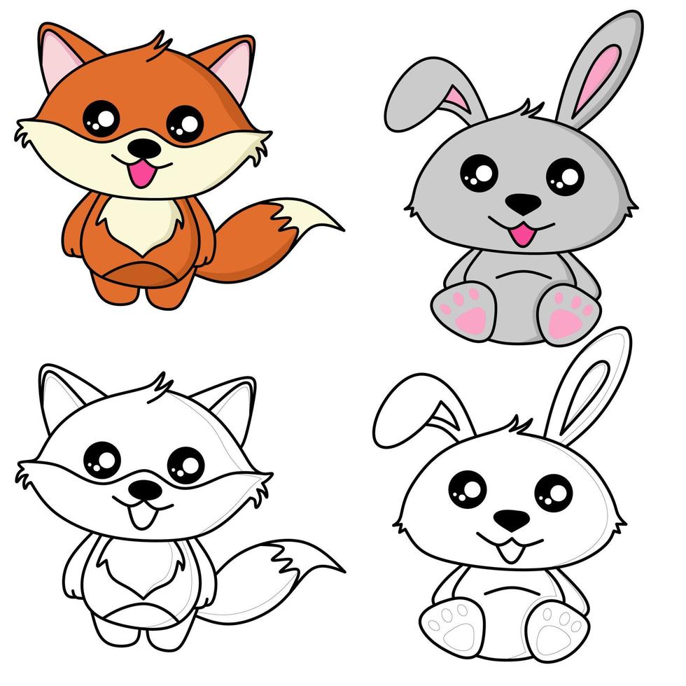 rabbit and fox vector drawing for coloring book