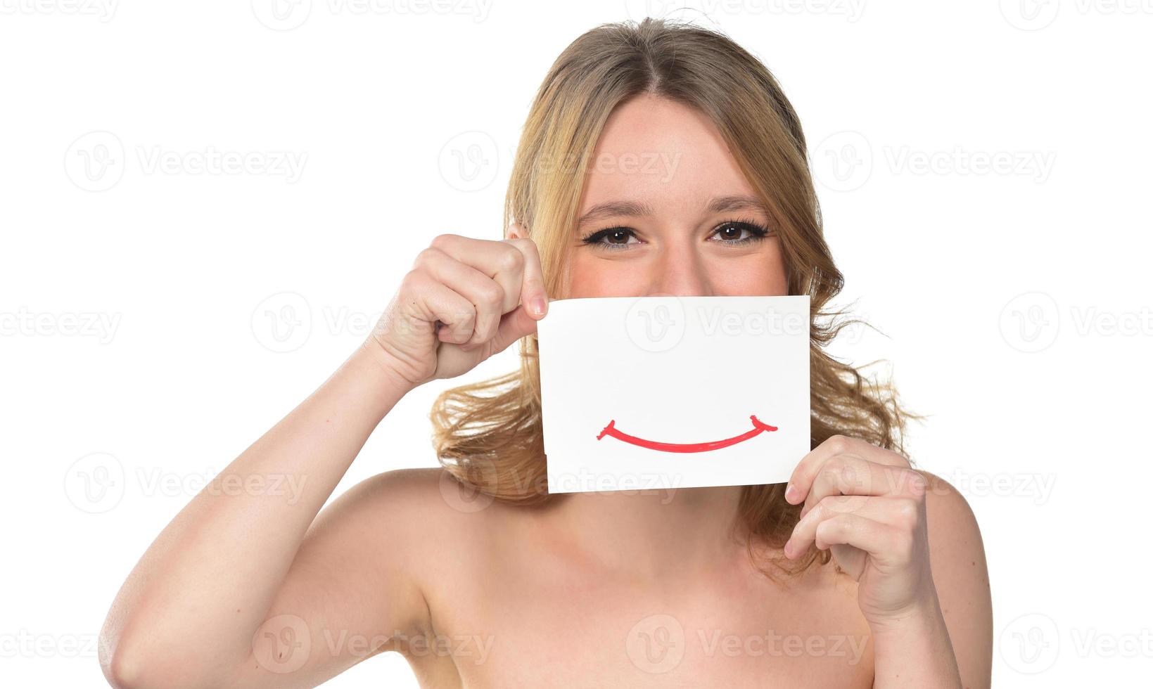 beautiful young woman with smile painted on paper. isolated photo