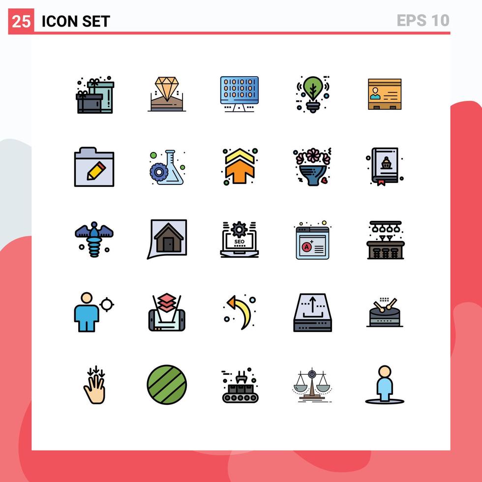 grupo de 25 signos y símbolos de colores planos de línea rellena para tarjetas de identificación iluminación de computadora elementos de diseño de vectores editables ecológicos