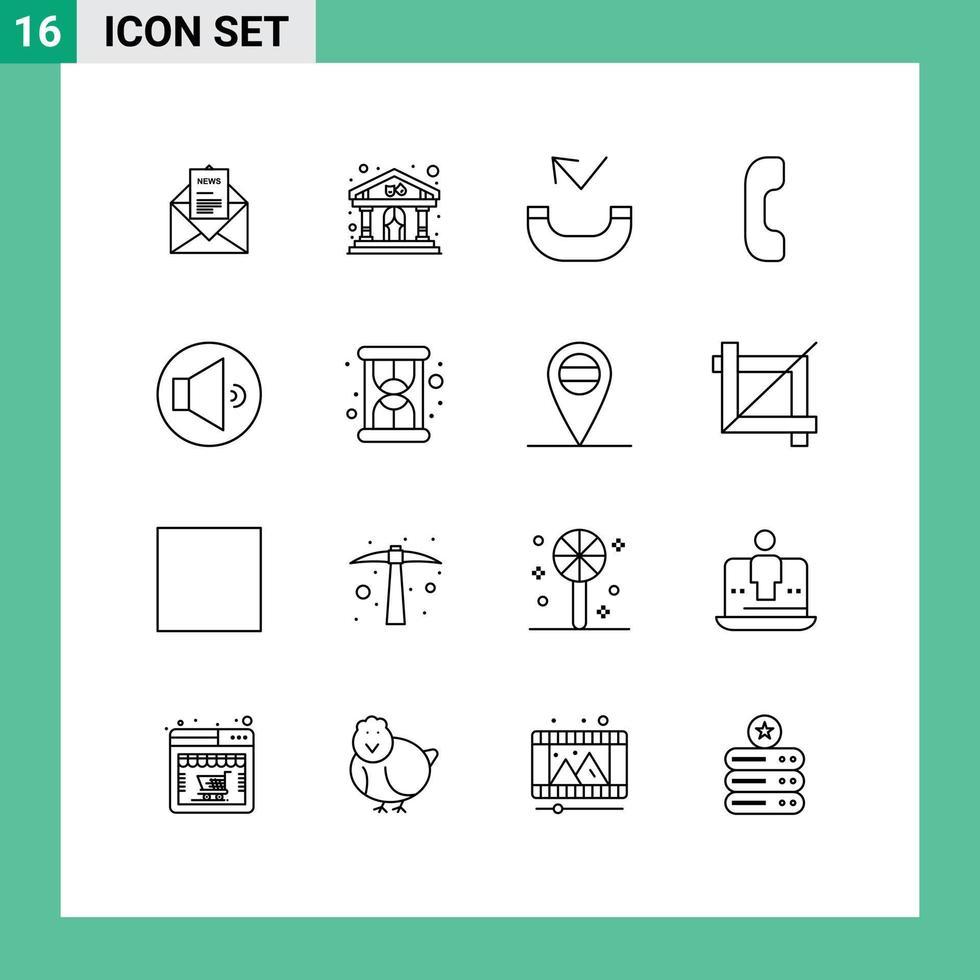 Pack of 16 Modern Outlines Signs and Symbols for Web Print Media such as volume sound building phone answer Editable Vector Design Elements