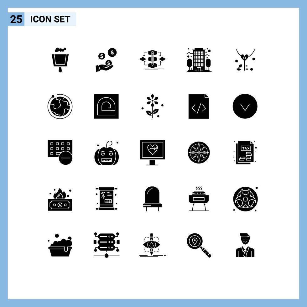 Set of 25 Vector Solid Glyphs on Grid for heart key design office building Editable Vector Design Elements