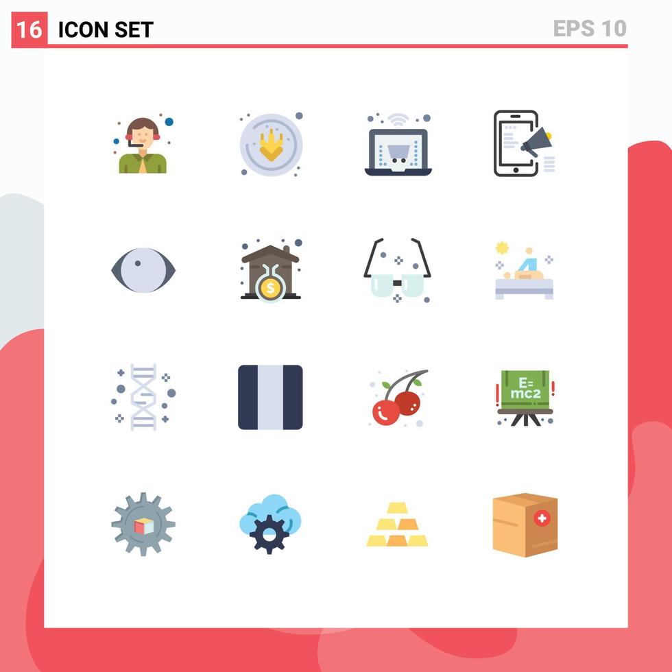 Group of 16 Flat Colors Signs and Symbols for human eye shopping mobile advertising media Editable Pack of Creative Vector Design Elements