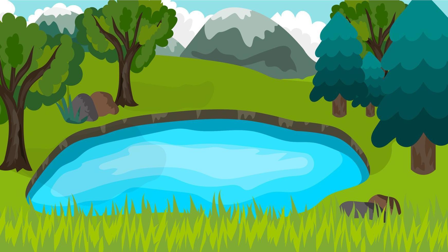 estanque en la naturaleza en estilo plano de dibujos animados. pequeño lago forestal en el paisaje de montaña. vector