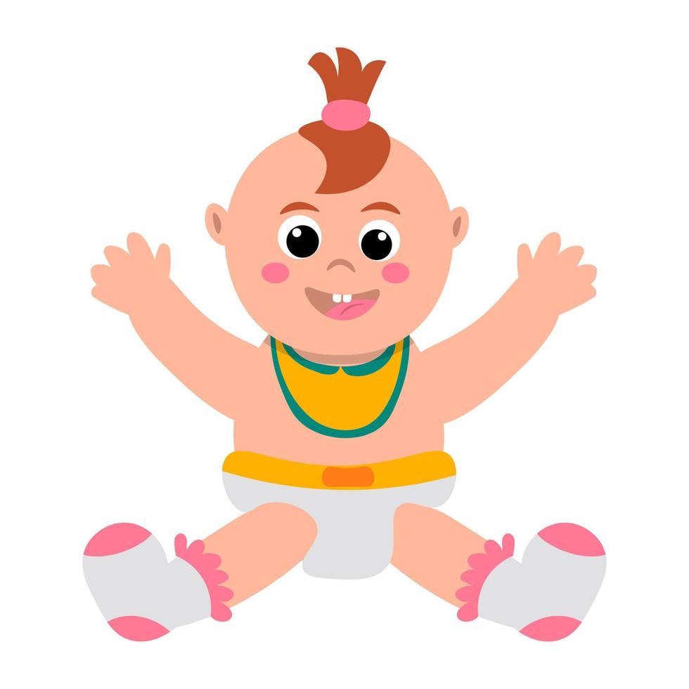 Linda niña en estilo plano sentado aislado sobre fondo blanco. bebé niño pequeño sonriendo sentado. vector