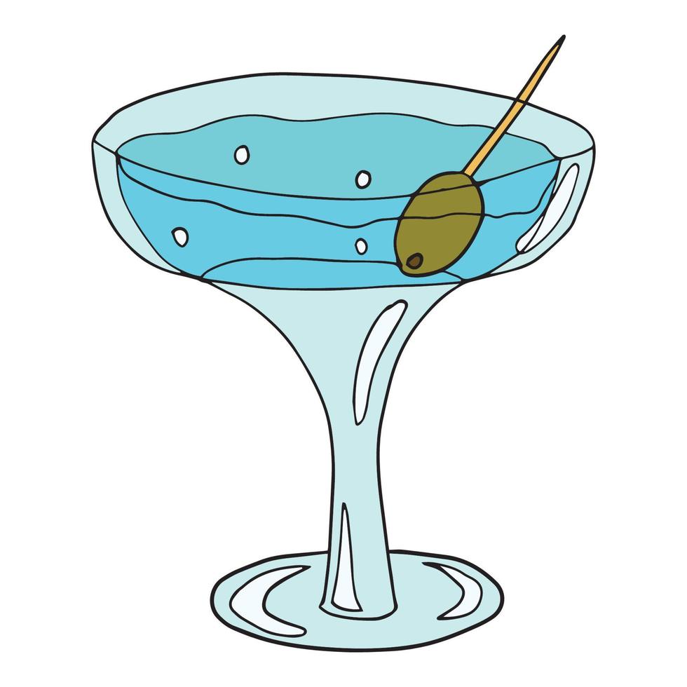 Doodle glass of cocktail with olive isolated on white background. vector