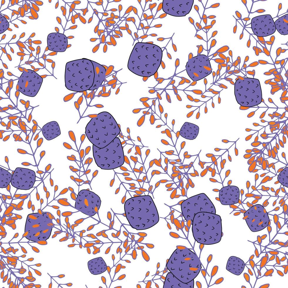 Abstract colorful doodle seamless pattern with leaves, plants, branches. Messy fantasy floral background. vector