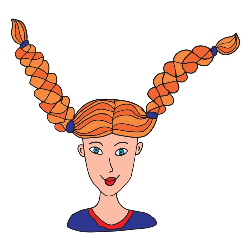 Happy doodle teenager girl with red hair in pigtails isolated on white background. Pippi Longstocking from the fairytale,  portrait. vector
