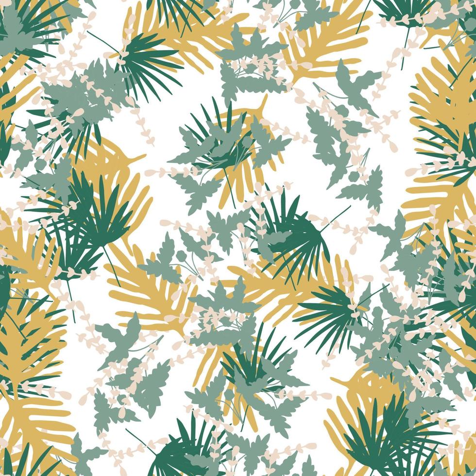 Abstract colorful doodle seamless pattern with leaves, plants, branches. Messy fantasy floral background. vector