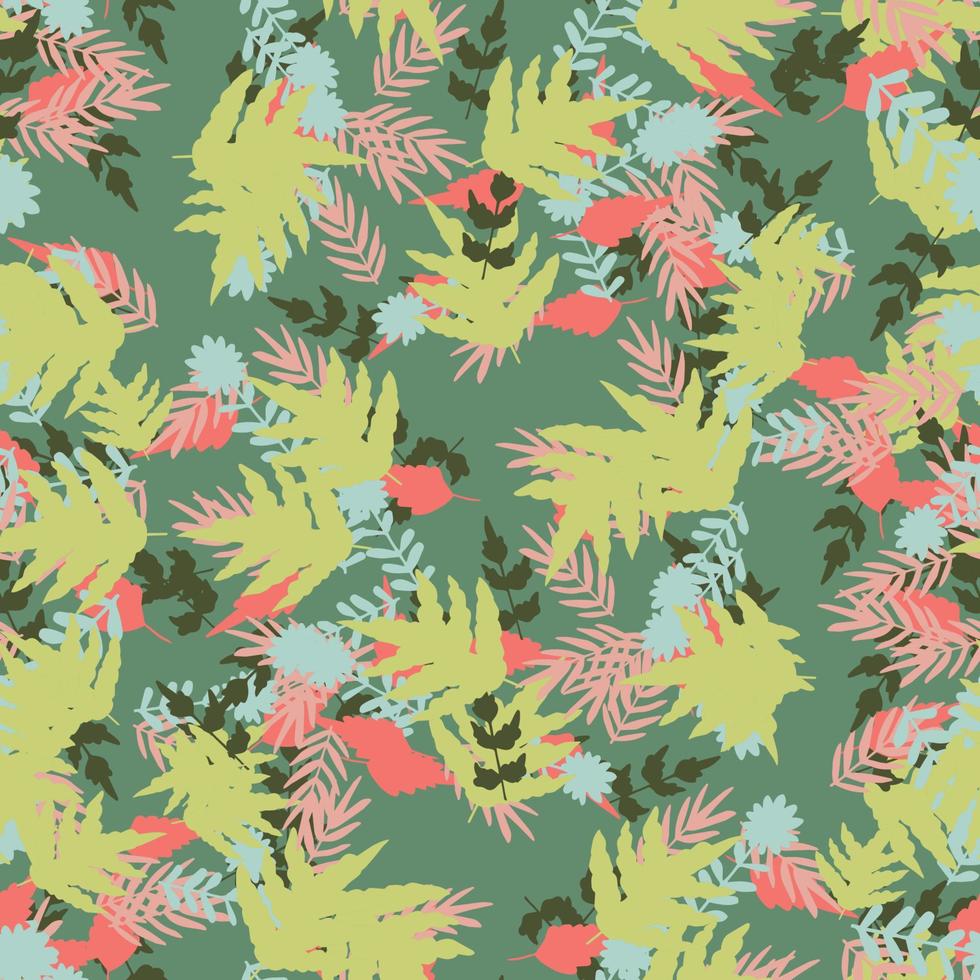 Abstract colorful doodle seamless pattern with leaves, plants, branches. Messy fantasy floral background. vector