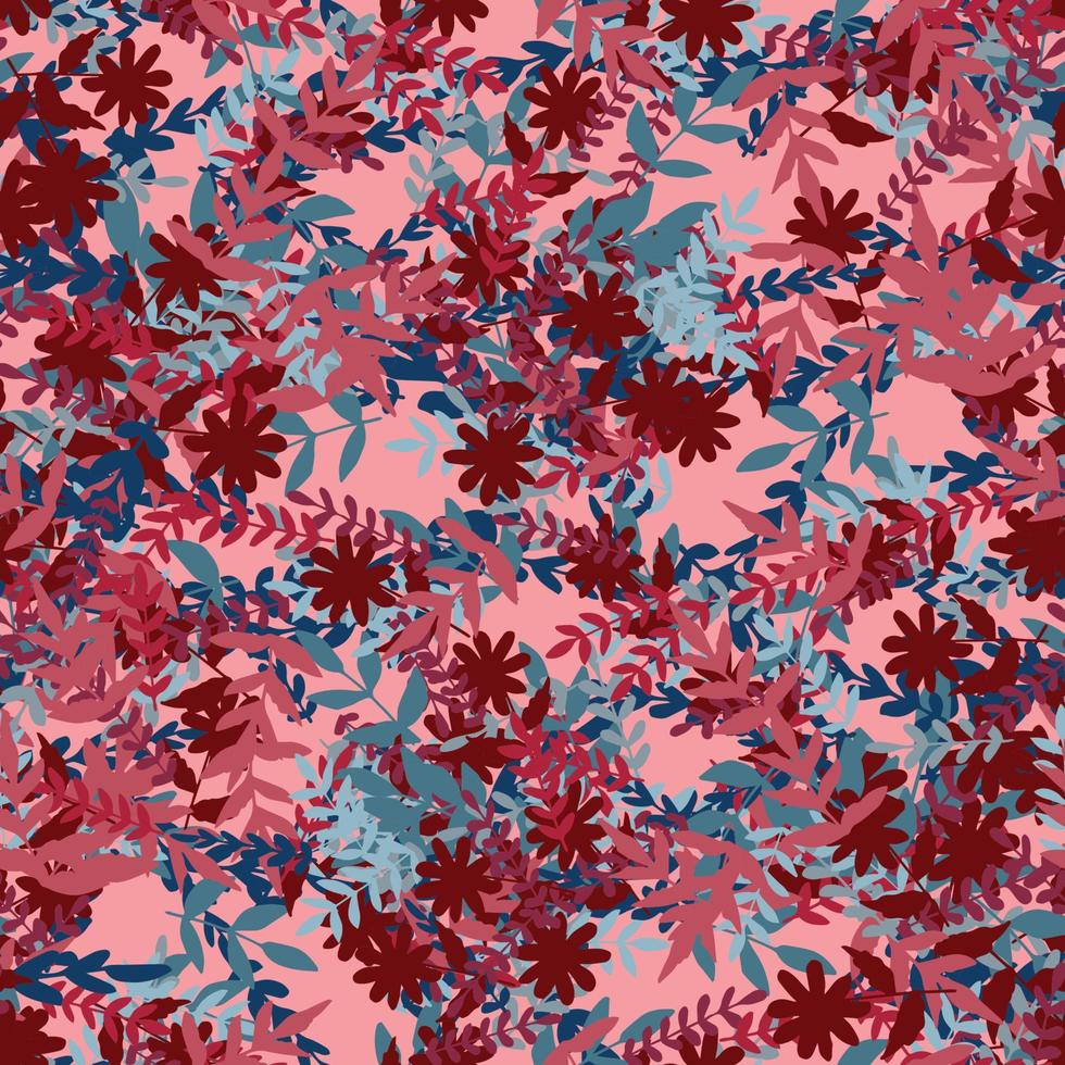 Abstract colorful doodle seamless pattern with leaves, plants, branches. Messy fantasy floral background. vector
